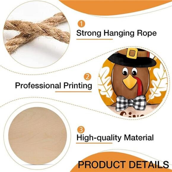 Thanksgiving Give Thanks Turkey Front Door Sign, Fall Wooden Thankful Wreath - Picture 4 of 8